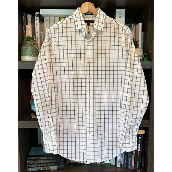 🐿️ Banana Republic Grant Fit White Red Supima Cotton Button Front Shirt Small - Picture 1 of 4